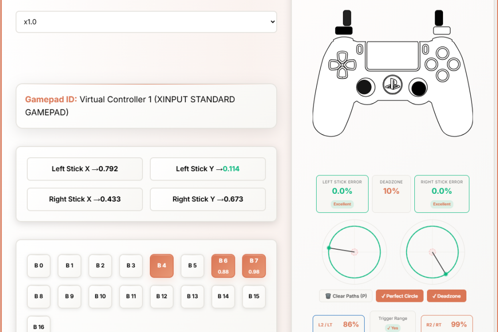 Controller interface on mygamepadtester.com