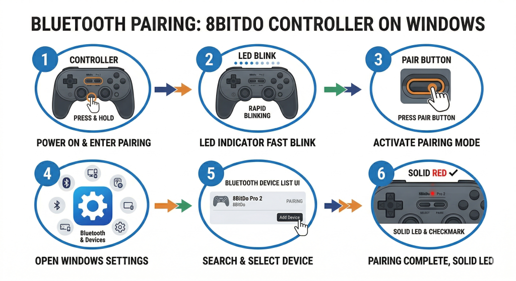 Step by step infographic showing how to pair 8BitDo controller via Bluetooth on Windows 10 and 11