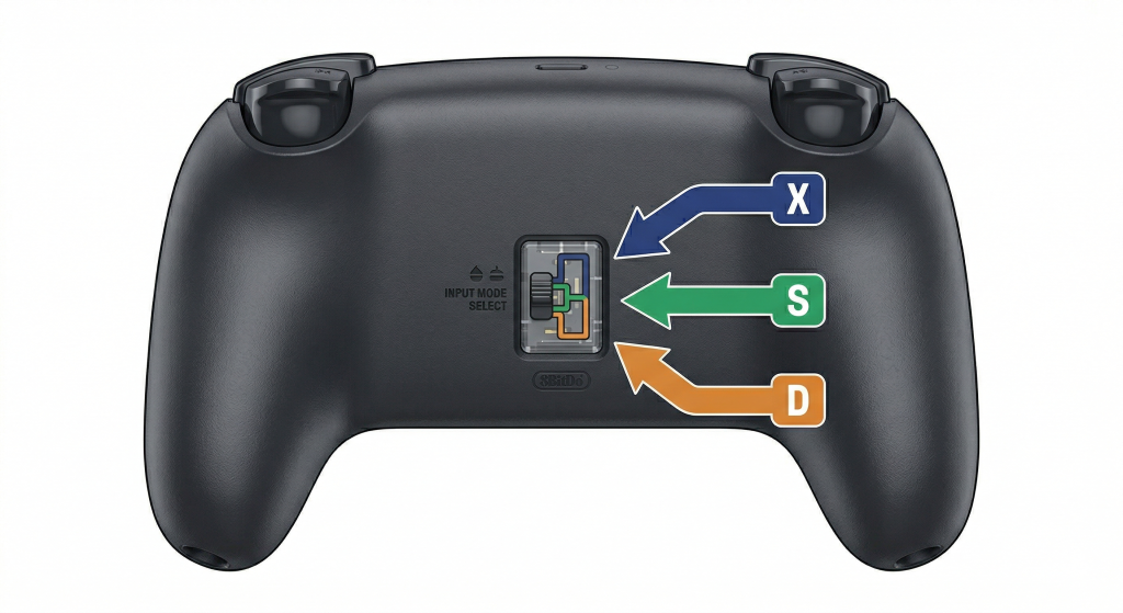 8BitDo controller mode switch positions X S and D labeled on back of controller