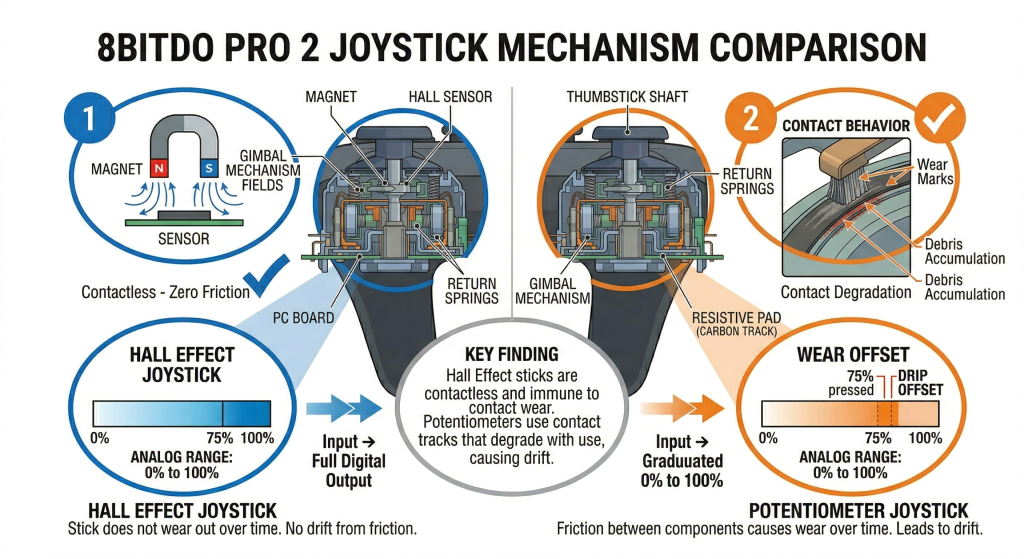 Diagram comparing Hall Effect joystick versus potentiometer joystick internals showing why older sticks develop drift
