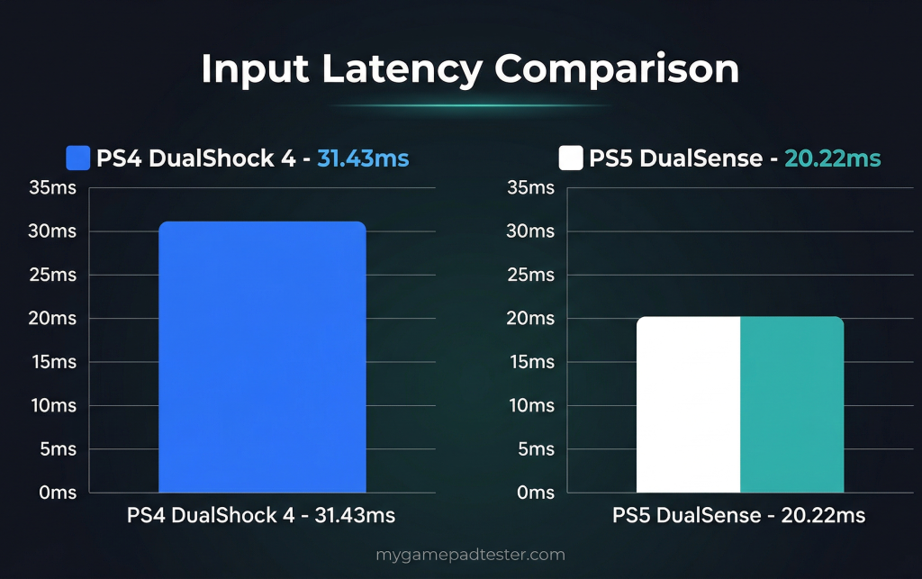 Bar chart comparing PS4 DualShock 4 average latency of 31.43ms versus PS5 DualSense average latency of 20.22ms based on real telemetry data