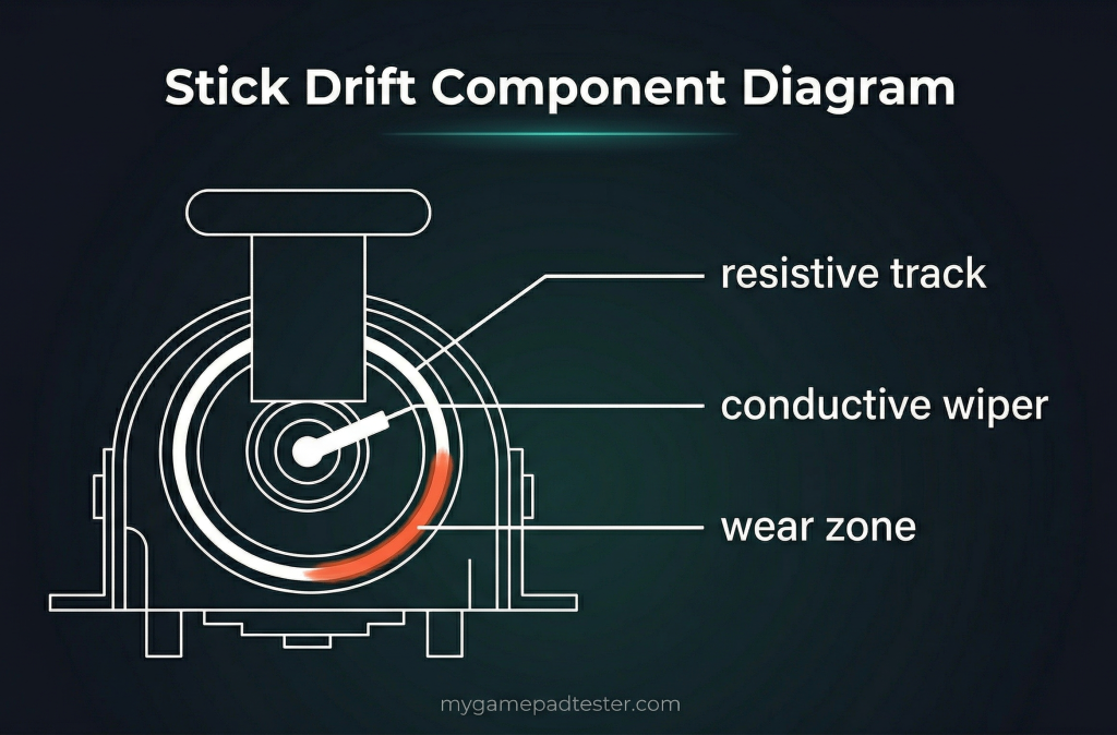 Diagram of PS5 DualSense analog stick potentiometer showing conductive wiper contact point and resistive track wear that causes stick drift