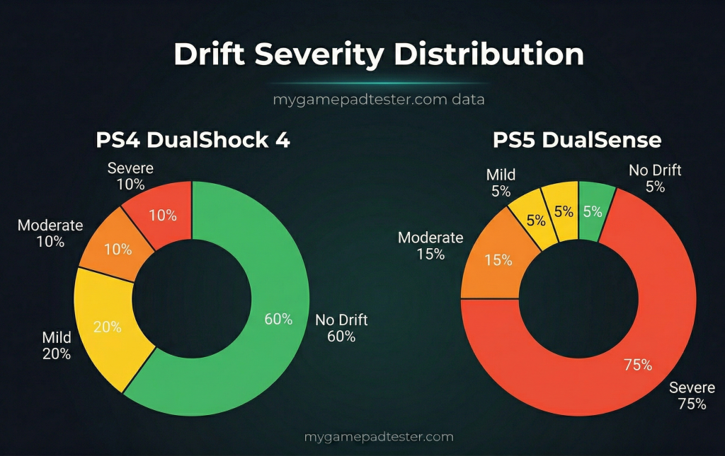 Donut chart comparing stick drift severity distribution between PS4 DualShock 4 and PS5 DualSense, showing 75% of DualSense sessions with severe drift