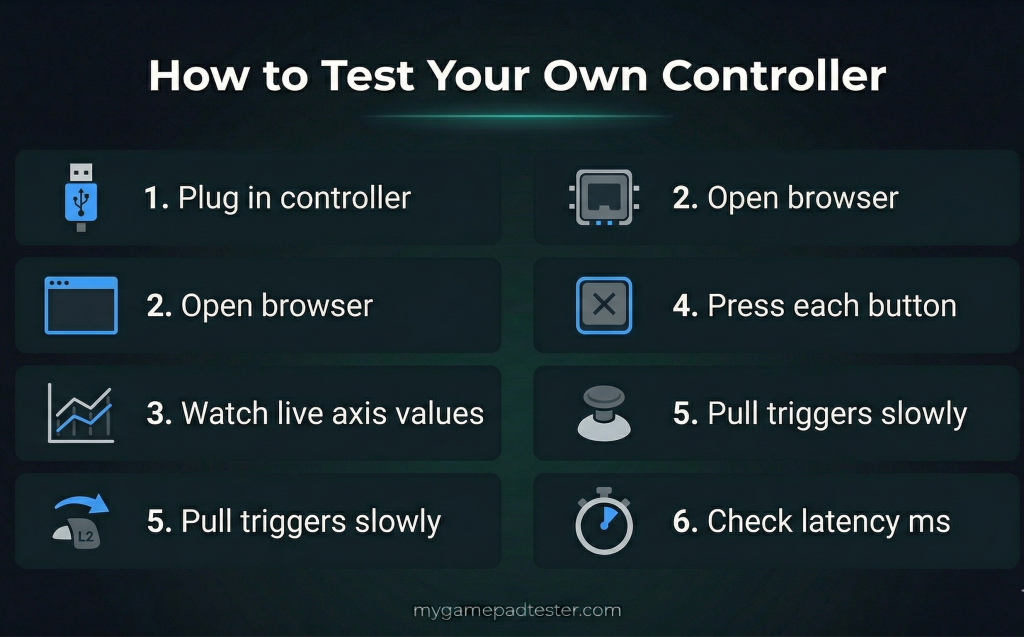 Six-step infographic showing how to test a PS4 or PS5 controller in a browser using a gamepad tester, with icons for each step including USB connection, browser window, axis values, button press, trigger pull, and latency reading