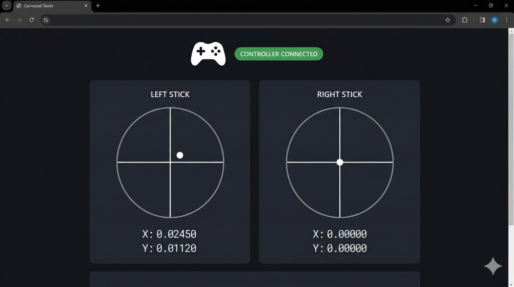 Browser-based controller deadzone test tool showing live axis value readouts for left and right analog sticks on a PC screen