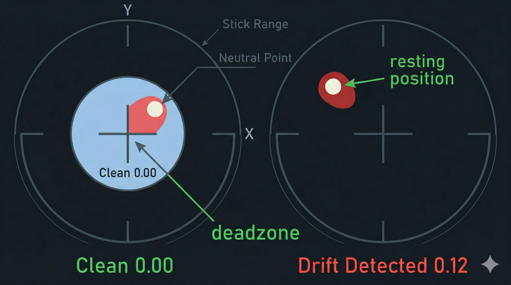 Diagram showing controller analog stick deadzone as a shaded circle around the center neutral position on X and Y axis

