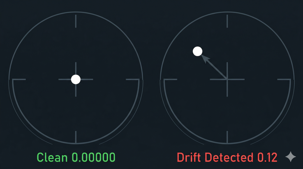 Side by side comparison of clean controller deadzone test result versus drift detected result showing axis offset value of 0.12
