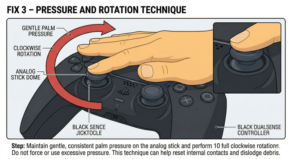 Illustration showing the palm pressure and clockwise rotation technique to fix PS5 DualSense stick drift without opening the controller