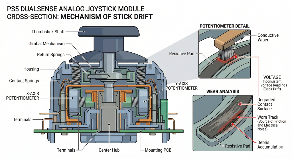 Cross-section diagram of DualSense joystick potentiometer showing conductive wipers and resistive track wear causing PS5 stick drift