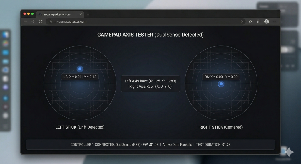 Browser-based PS5 DualSense stick drift test showing live axis value readout with 0.12 drift offset on Y axis while stick is untouched
