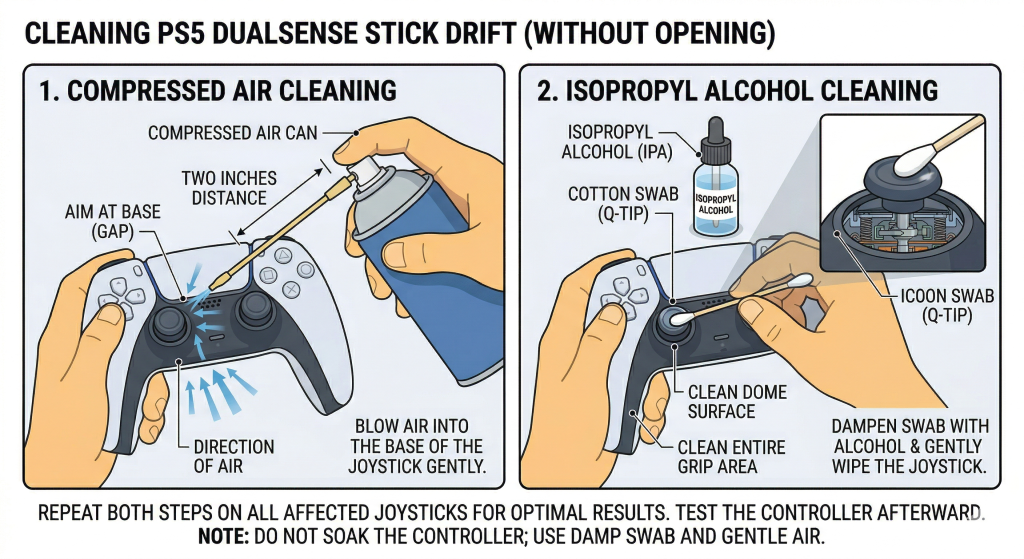 Infographic showing how to clean PS5 DualSense stick drift with compressed air and isopropyl alcohol cotton swab without opening the controller