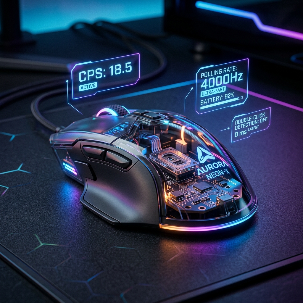 High-end gaming mouse with holographic diagnostic UI