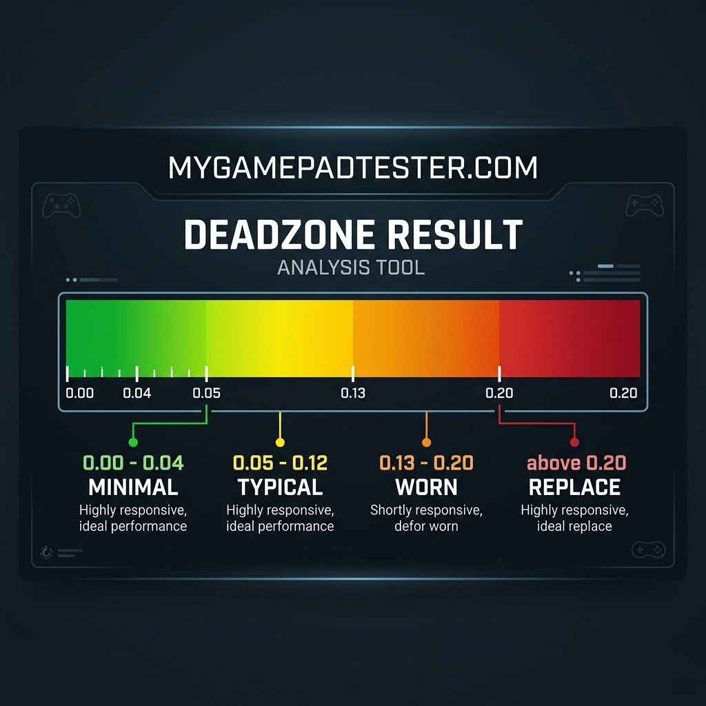 Color-coded deadzone value chart showing range from 0.00 minimal to above 0.20 significant controller wear