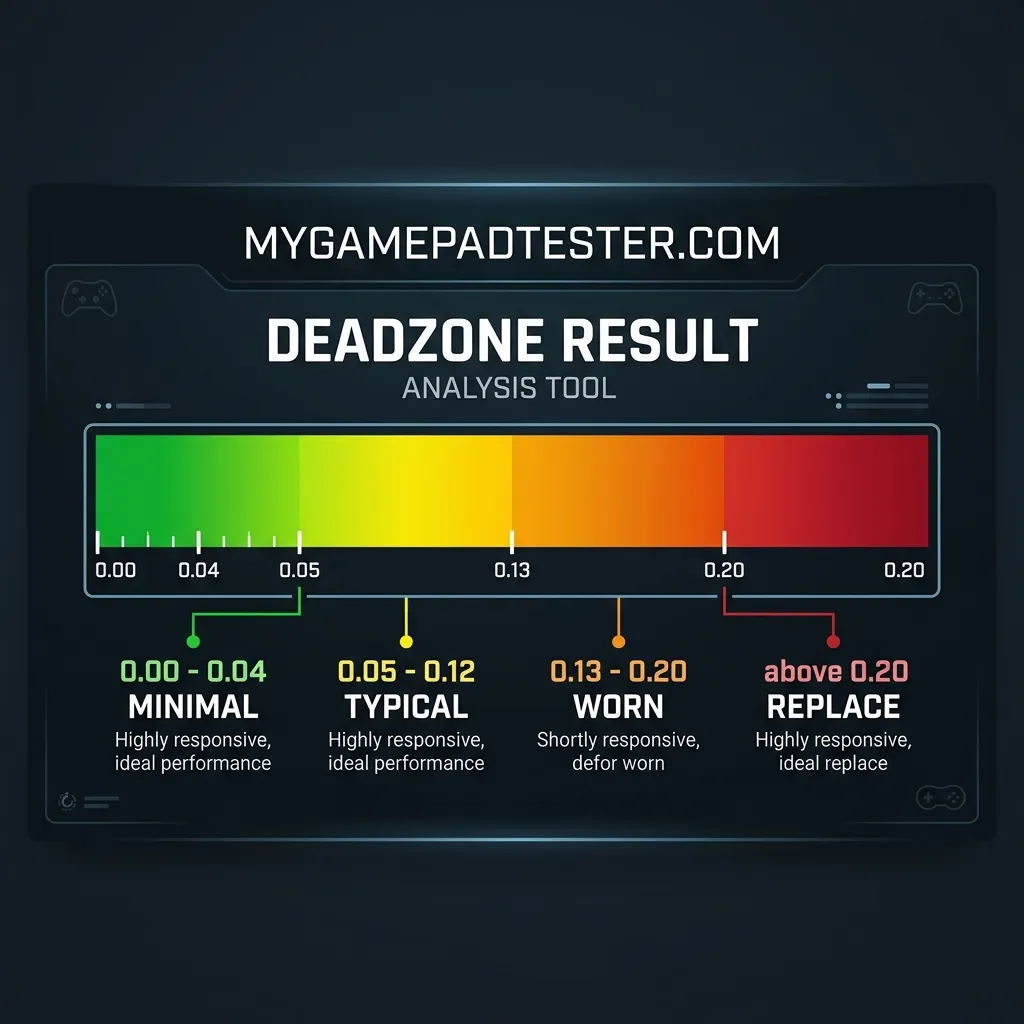 Color-coded deadzone value chart showing range from 0.00 minimal to above 0.20 significant controller wear