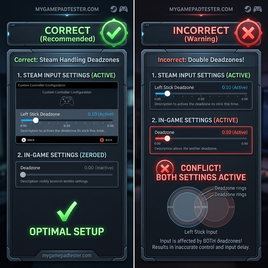 Illustration showing correct single-layer deadzone setup versus conflicting deadzone settings in game and Steam
