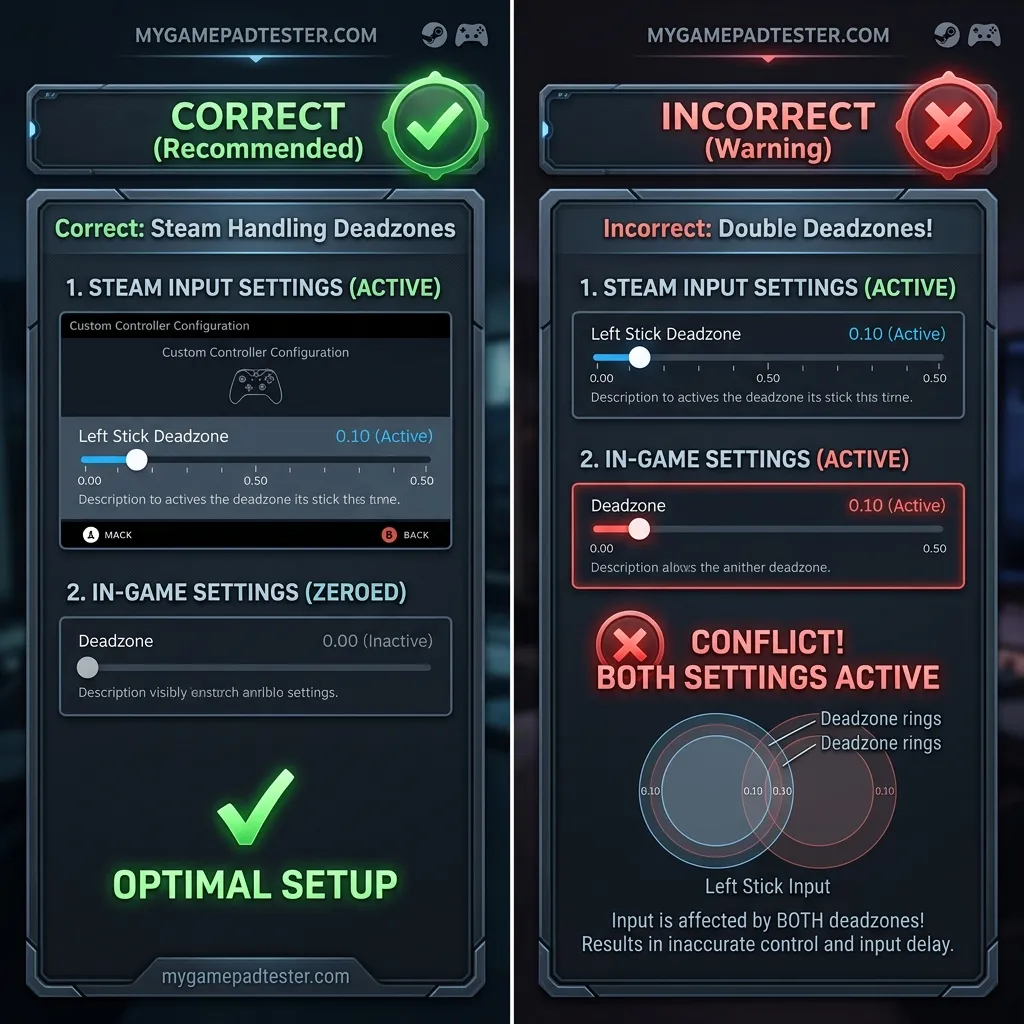 Illustration showing correct single-layer deadzone setup versus conflicting deadzone settings in game and Steam