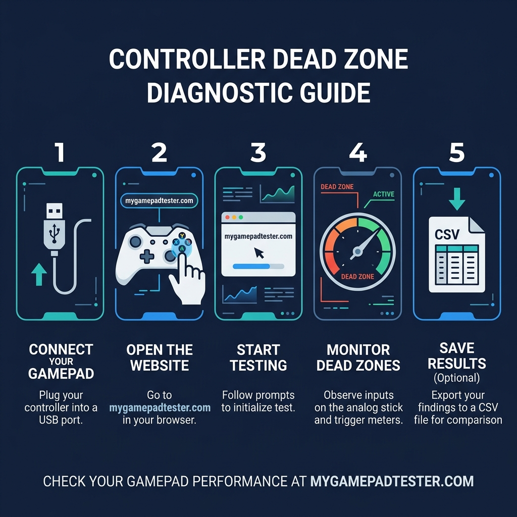 Step-by-step infographic showing how to use an online dead zone test tool for game controllers at mygamepadtester.com