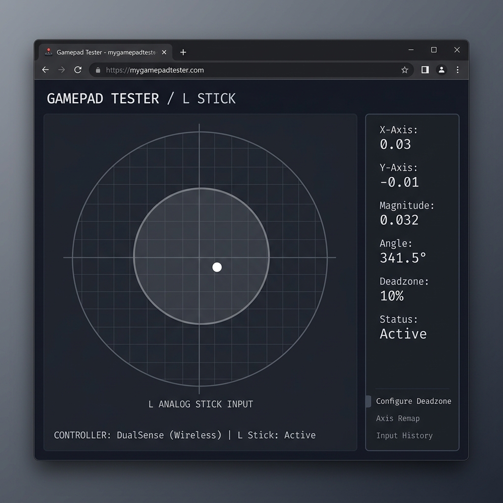 Screenshot mockup of a dead zone test tool showing joystick position dot and deadzone ring overlay