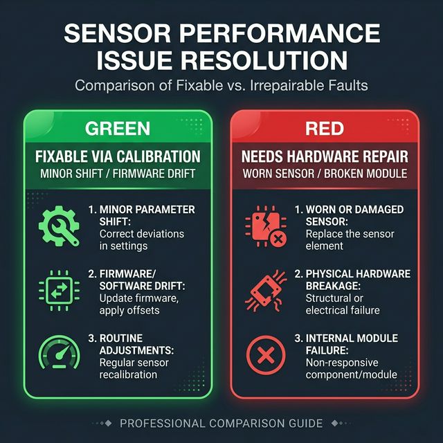 Comparison infographic explaining the difference between software recalibration and physical hardware repair for controller drift