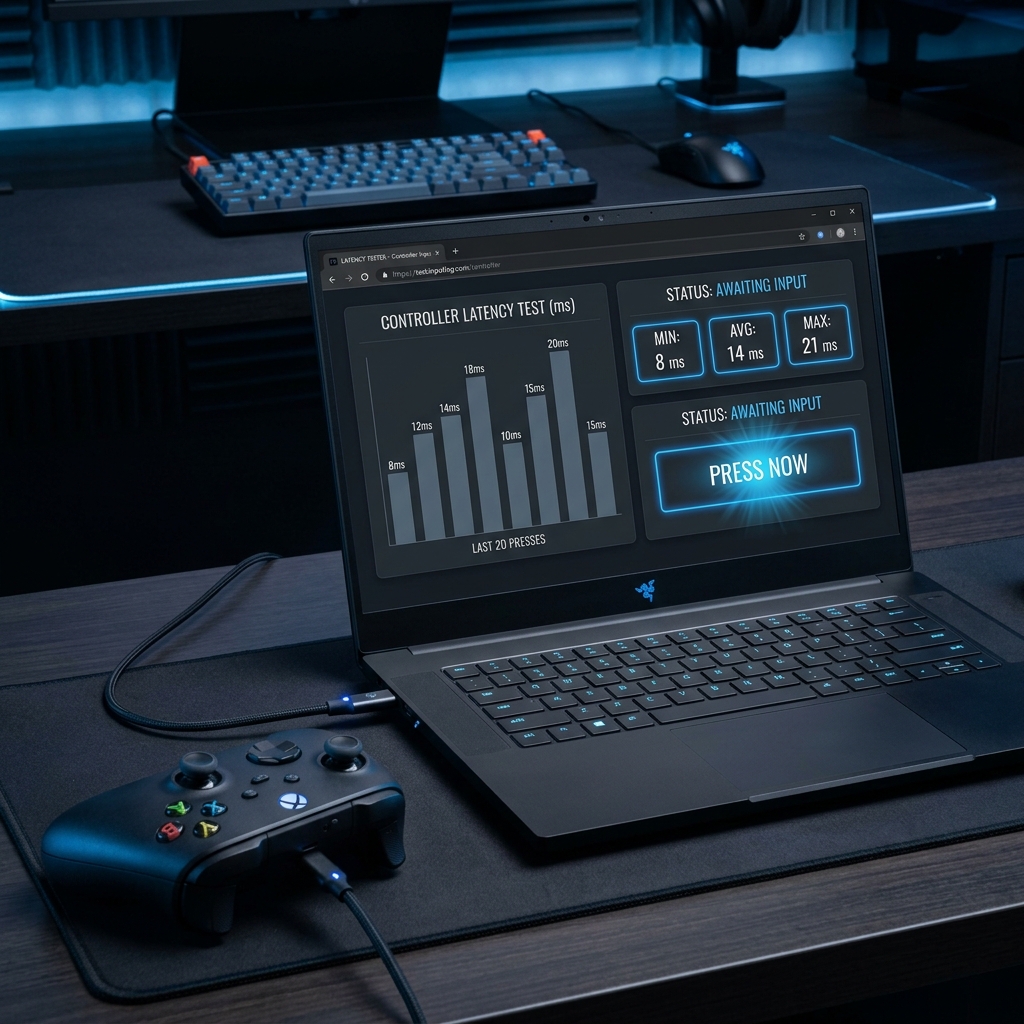 Professional controller input lag test dashboard showing milliseconds reading and polling rate graphs