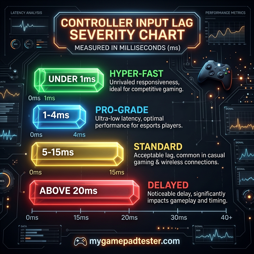 Input lag milliseconds severity chart showing excellent good and poor latency ranges for PC controllers