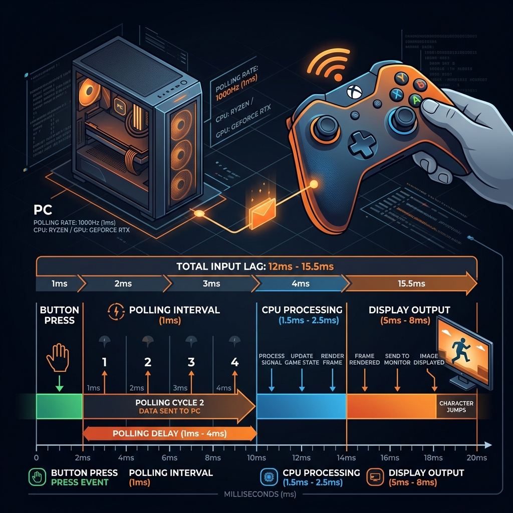 Technical diagram explaining polling rate and input lag concepts on mygamepadtester.com