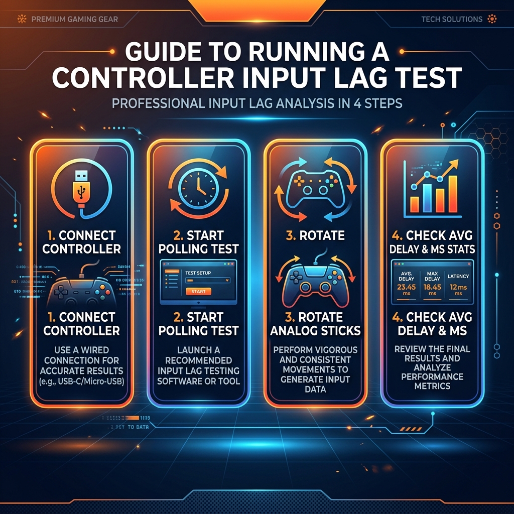 Infographic for running an input lag test on mygamepadtester.com including connection and results checking