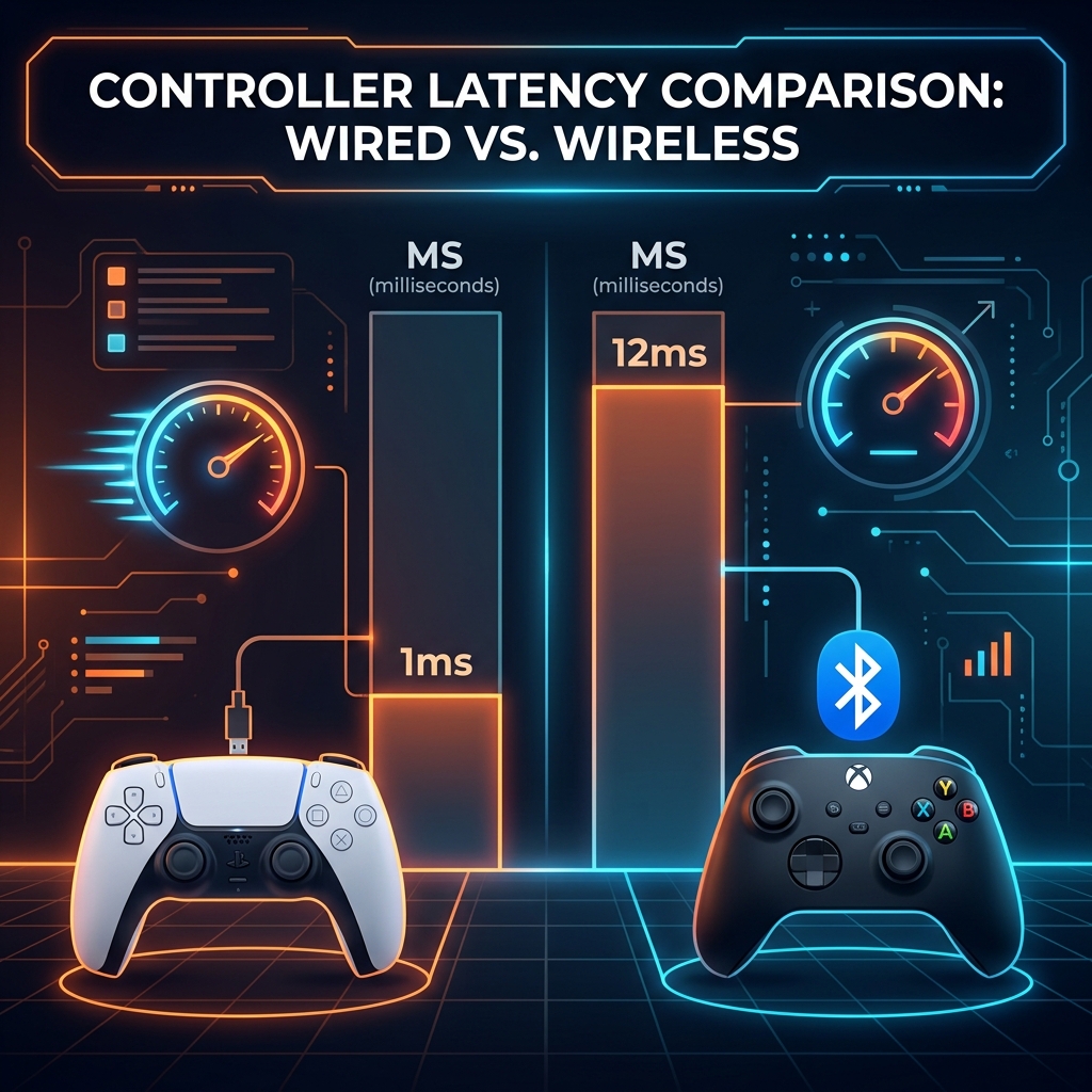 Bar chart comparing wired vs wireless controller latency on mygamepadtester.com