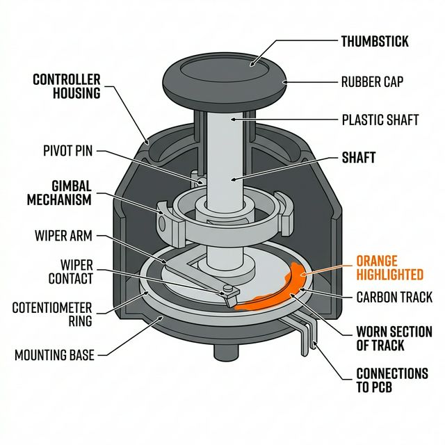 Technical diagram of analog stick internals showing potentiometer track wear which is a common cause of stick drift