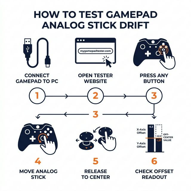 Step by step infographic for running a stick drift test online visiting mygamepadtester.com and verifying controller results
