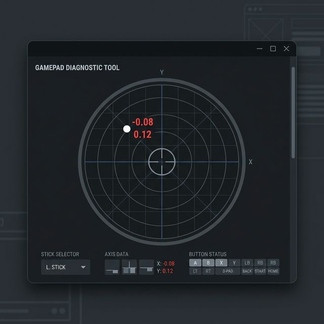 Stick drift test tool showing an analog stick offset in a browser window with live X Y axis data