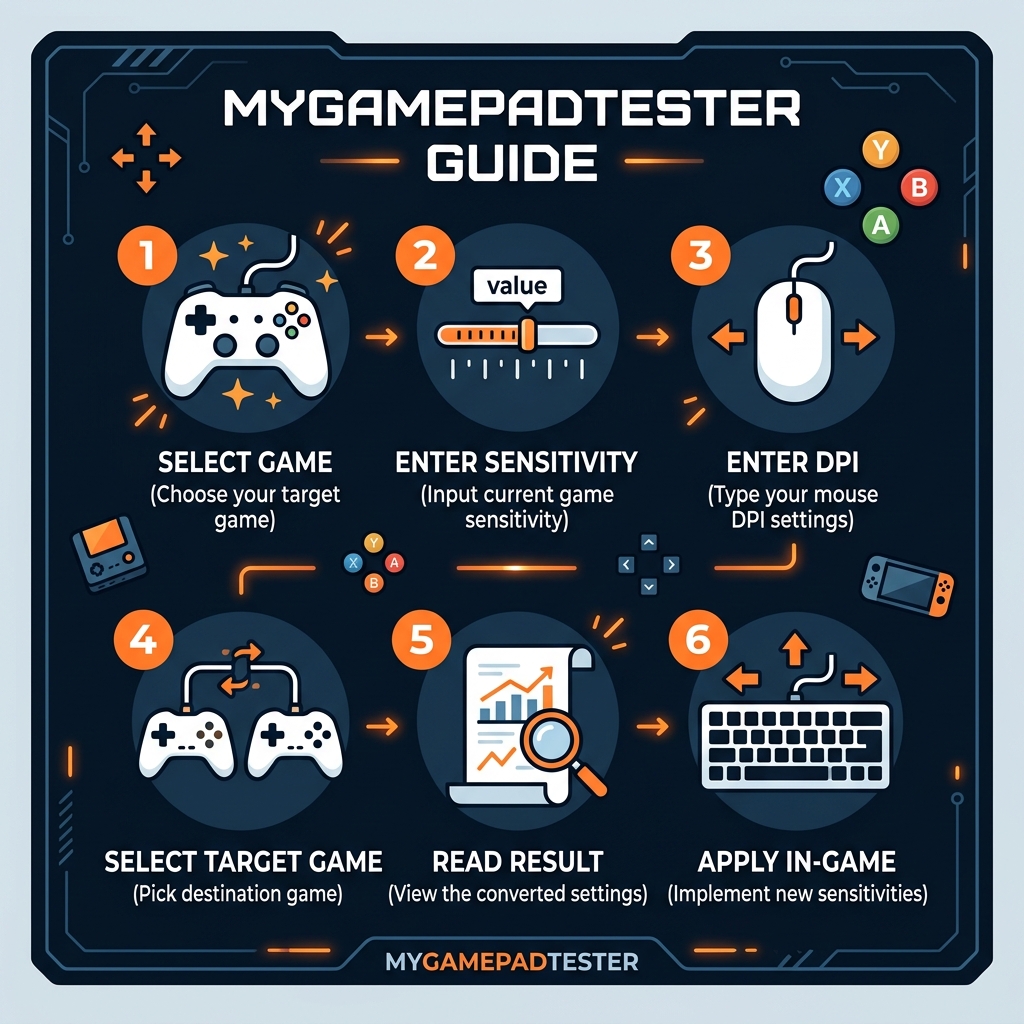 Step-by-step infographic showing how to use an aim sensitivity converter in 6 steps