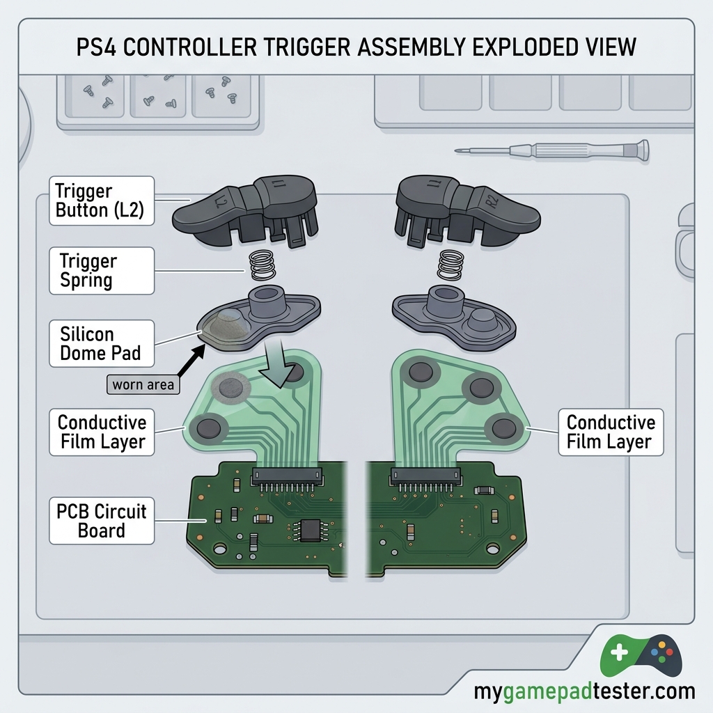 Technical diagram showing disassembled trigger internals with silicon pad and conductive film locations