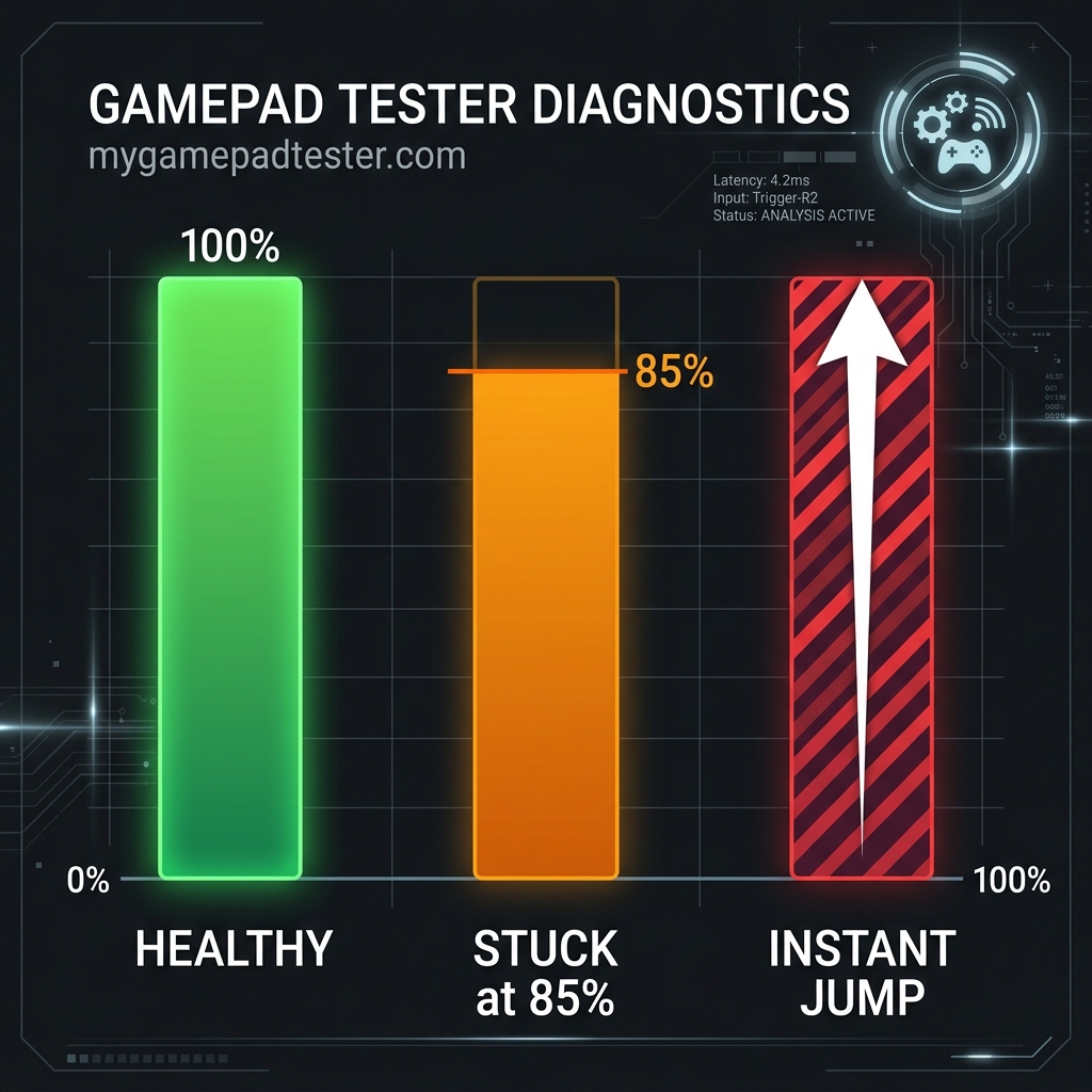 Diagram of trigger failure patterns including healthy full range vs stuck at 85 percent vs instant jump