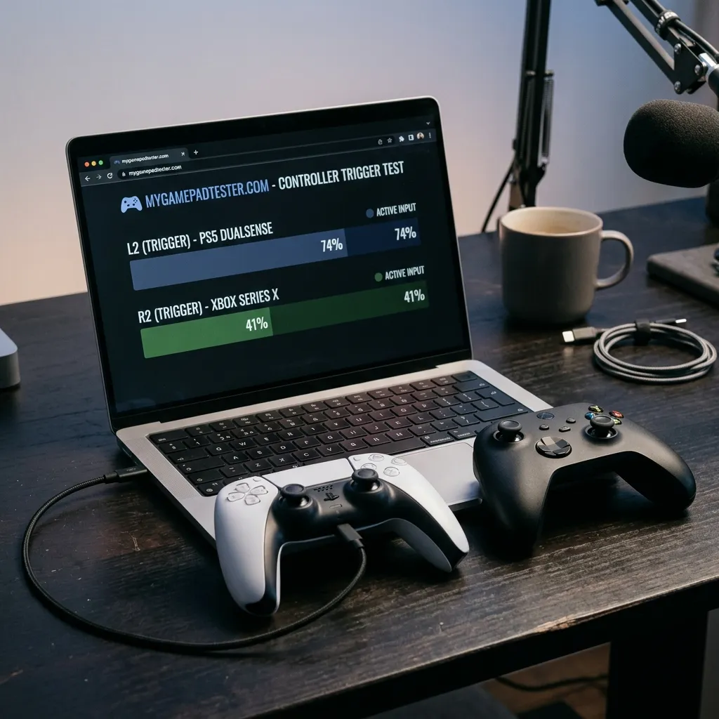 PS5 and Xbox controllers running a trigger test session in a browser on mygamepadtester.com