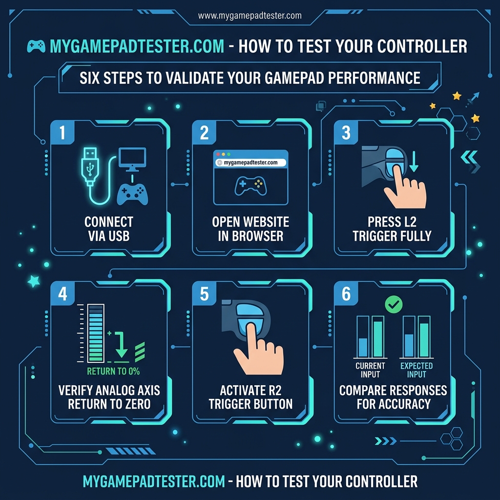 Step-by-step infographic showing how to use the online trigger tester on mygamepadtester.com