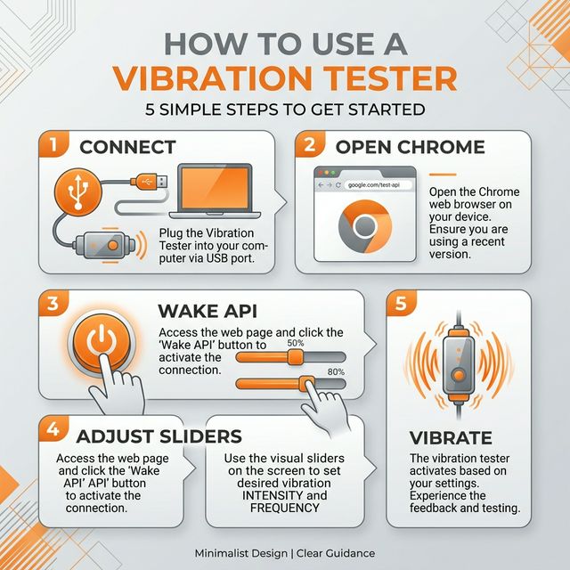 Step-by-step infographic showing how to use a controller vibration tester
