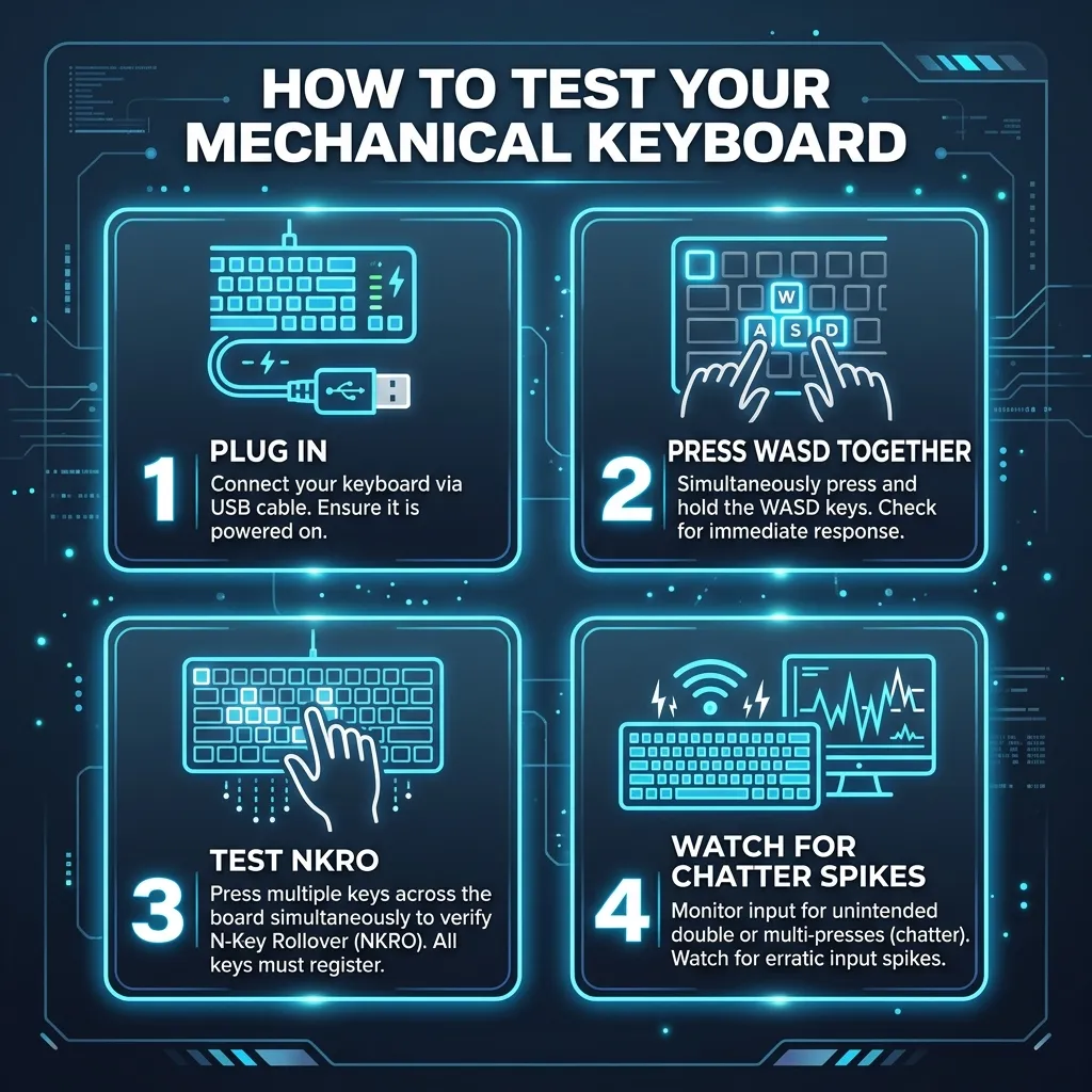 Step-by-step mechanical keyboard testing infographic