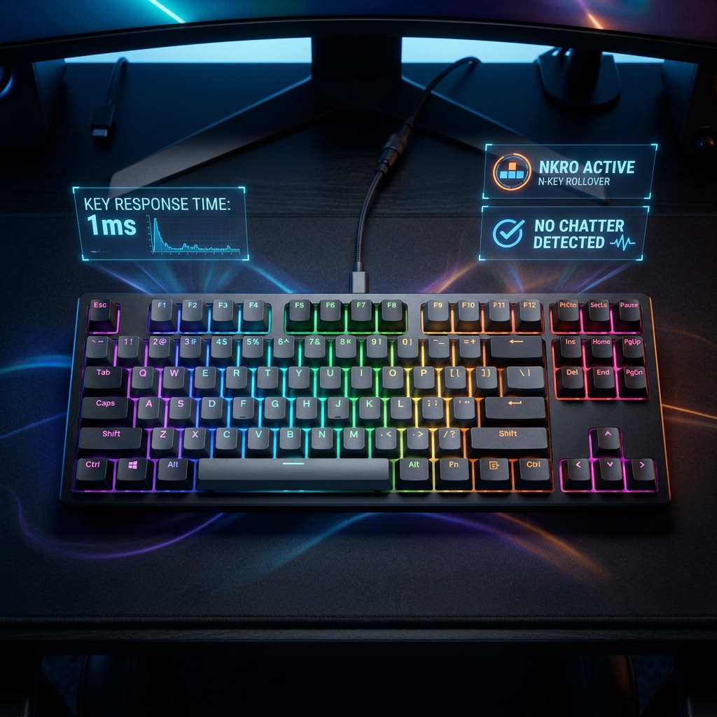 High-end mechanical keyboard with glowing RGB and diagnostic UI