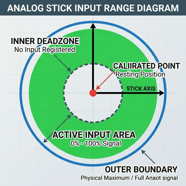 Analog stick deadzone diagram showing inner deadzone ring outer deadzone ring and center calibration point