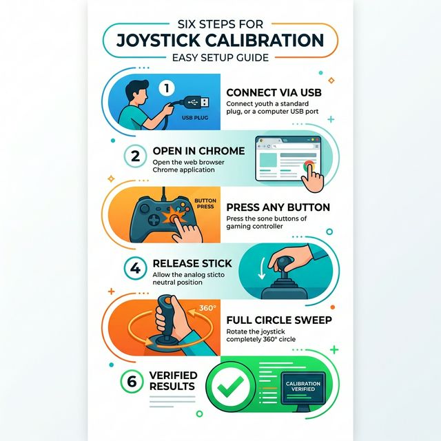 Step by step infographic for joystick calibration showing six steps from connecting controller to confirming calibration result