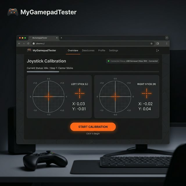 Joystick calibration browser tool showing live X Y axis readouts for left and right analog sticks