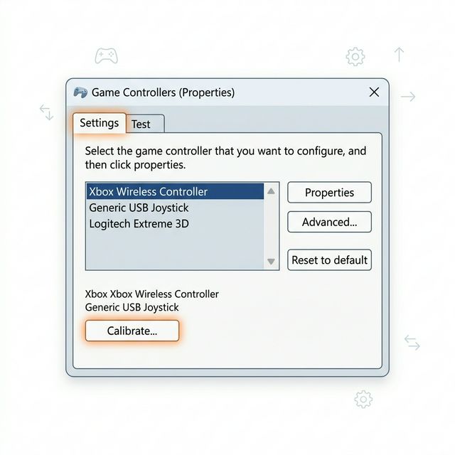 Windows joy.cpl game controller settings window showing how to find the joystick calibration option